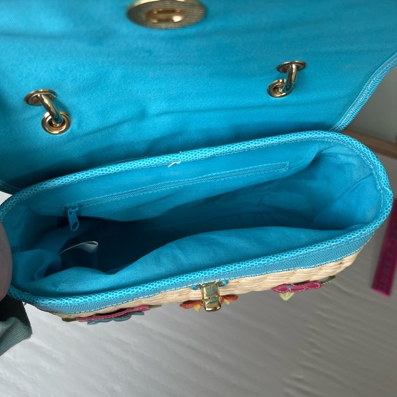 Floral Woven Straw Top Handle Summer Handbag Blue Cream - Picture 7 of 7